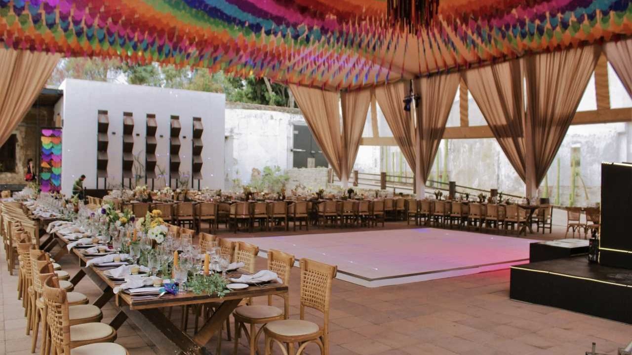 setting up tables and preparing for a destination wedding in Oaxaca, Mexico<br />
